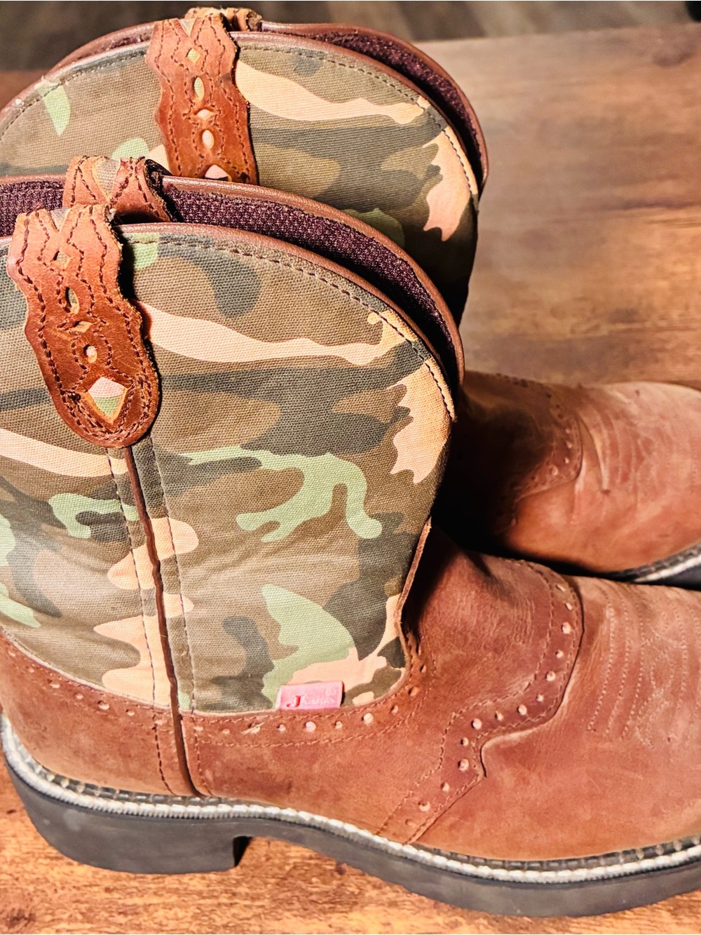 Justin Boots Woman’s Camo and Brown Pull-On Western Boots